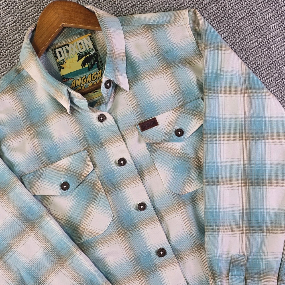 Dixxon Flannel Co x Angaga Island Womens M Cyan Blue Cream Brown Plaid Button-Up
